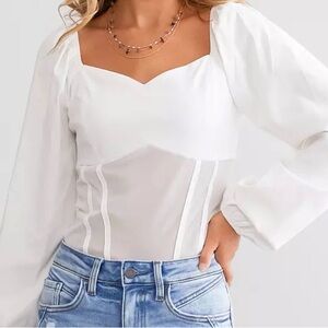 Willow + Root White Puff Sleeve Blouse Size Medium Sweetheart Corset Top